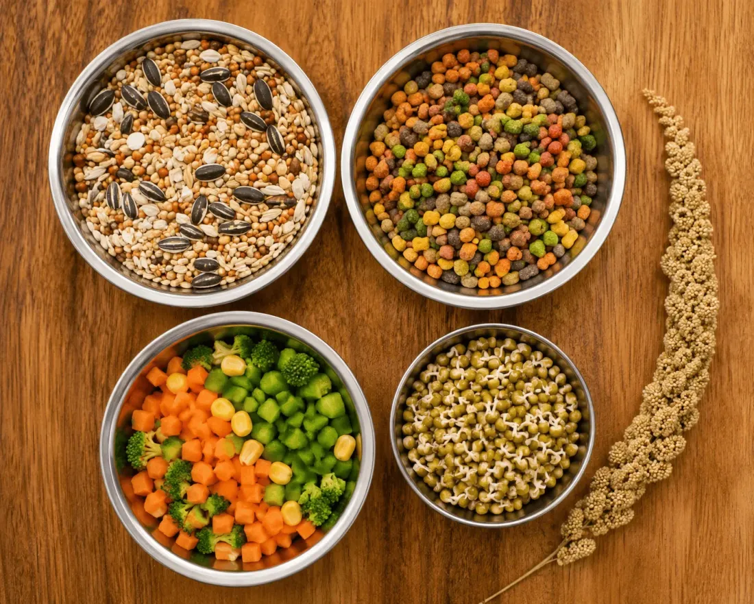 A balanced pet bird meal with seed mix, pellets, chopped vegetables and sprouts in separate bowls