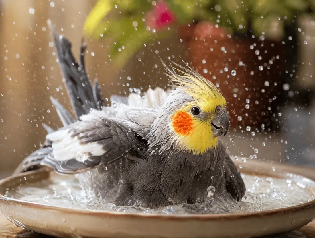 A cockatiel happily bathing in a shallow dish of water with droplets splashing