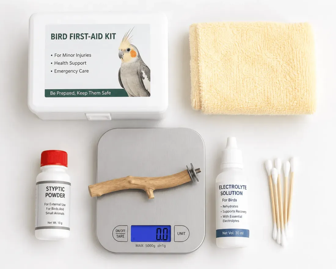 A pet bird first-aid kit with styptic powder, towel, digital scale, electrolyte solution and cotton swabs