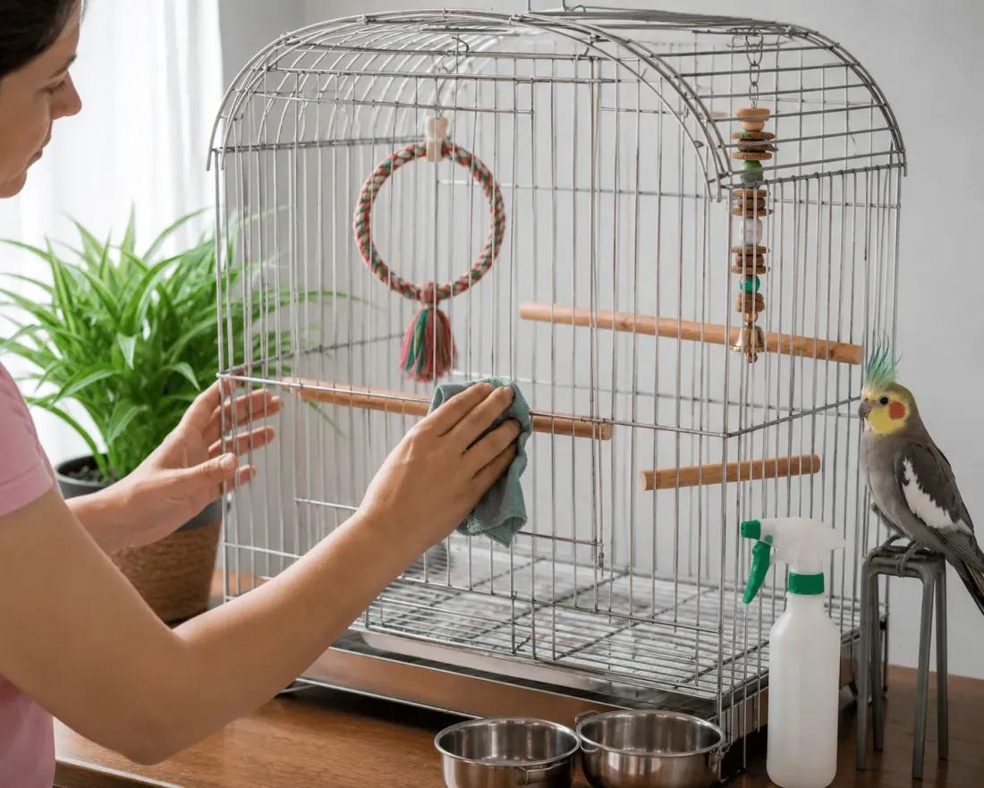 Hands wiping down a clean stainless steel bird cage with fresh liner and clean bowls