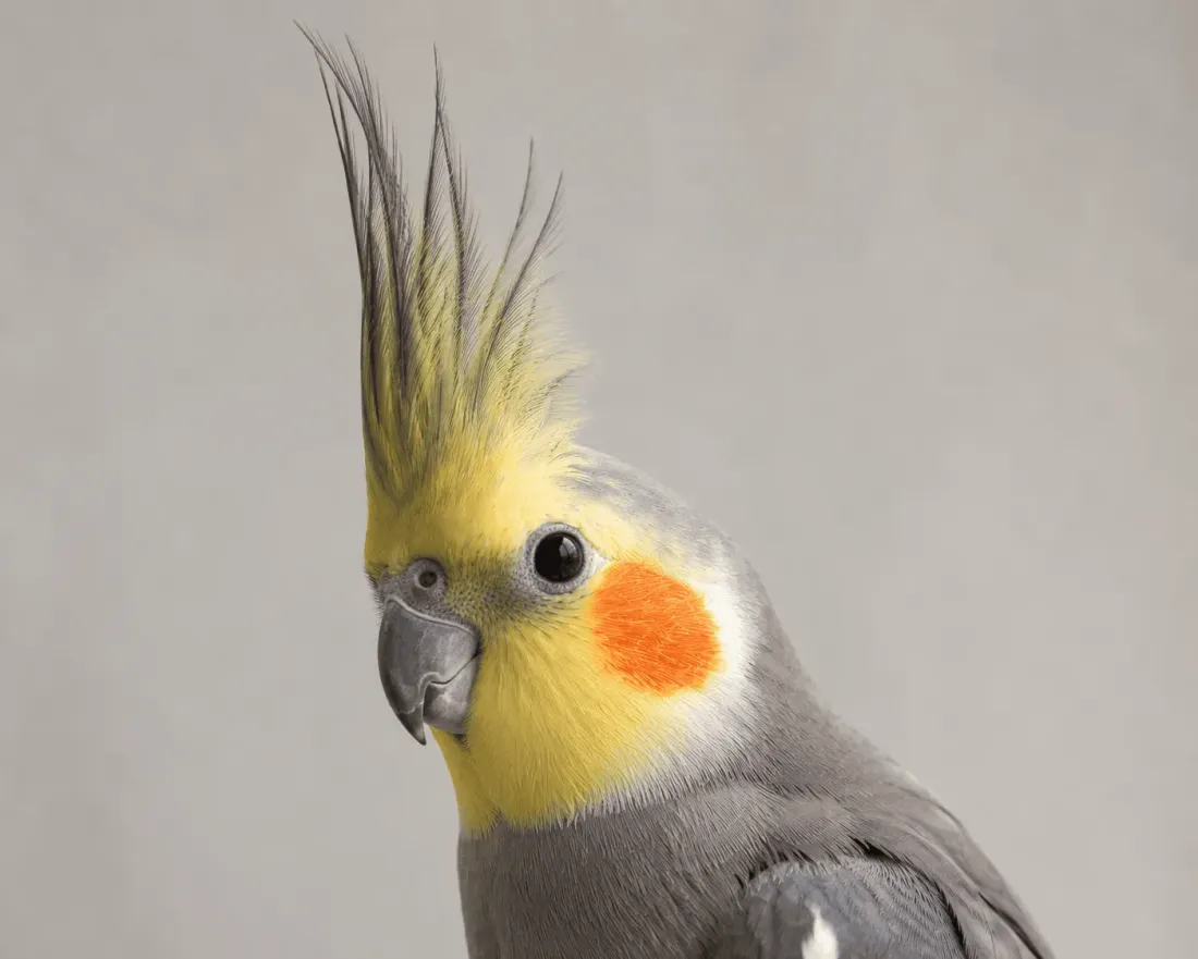 Close-up of a cockatiel with its crest raised straight up, showing an alert and curious expression