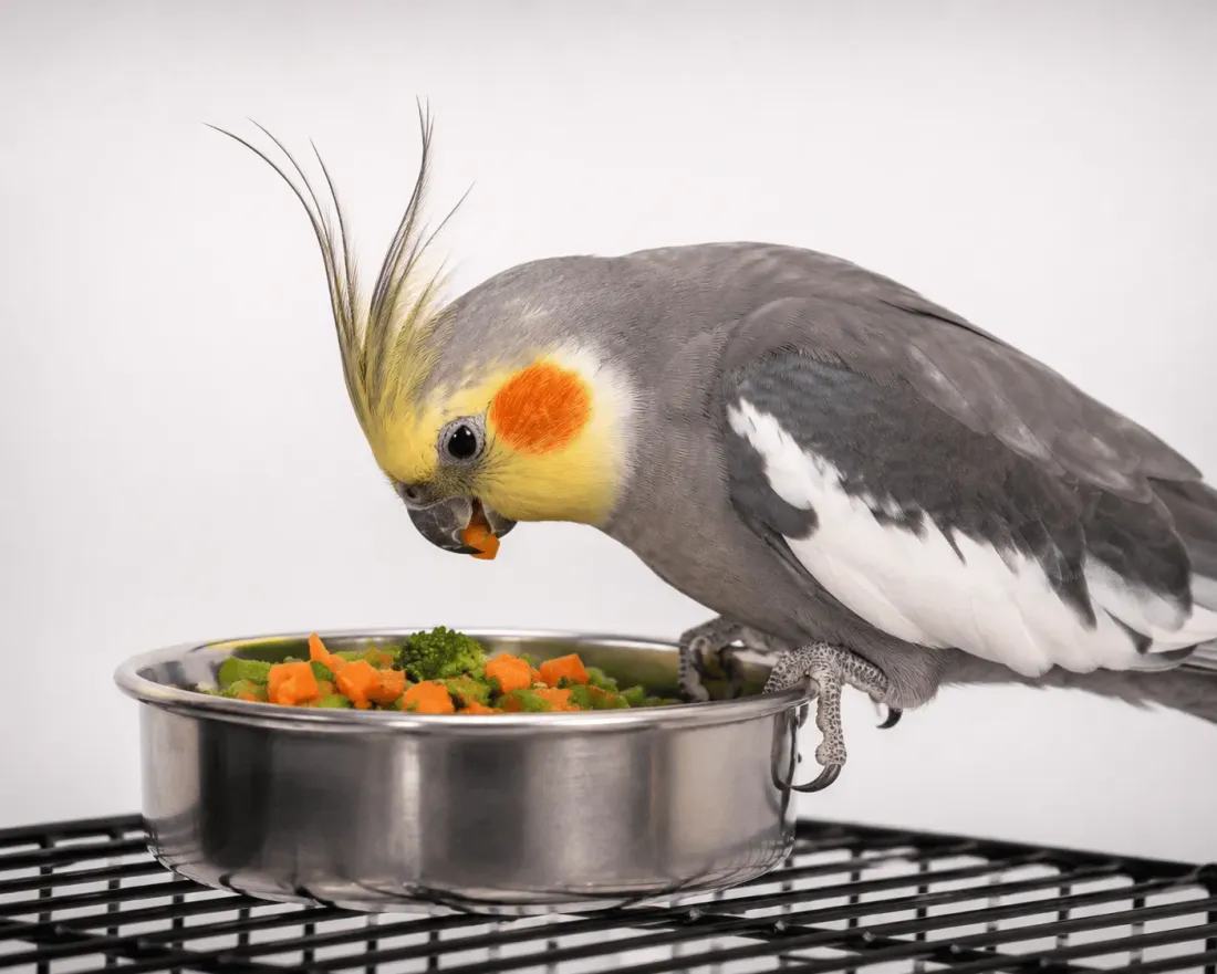 A healthy cockatiel eating chopped fresh vegetables from a stainless steel bowl