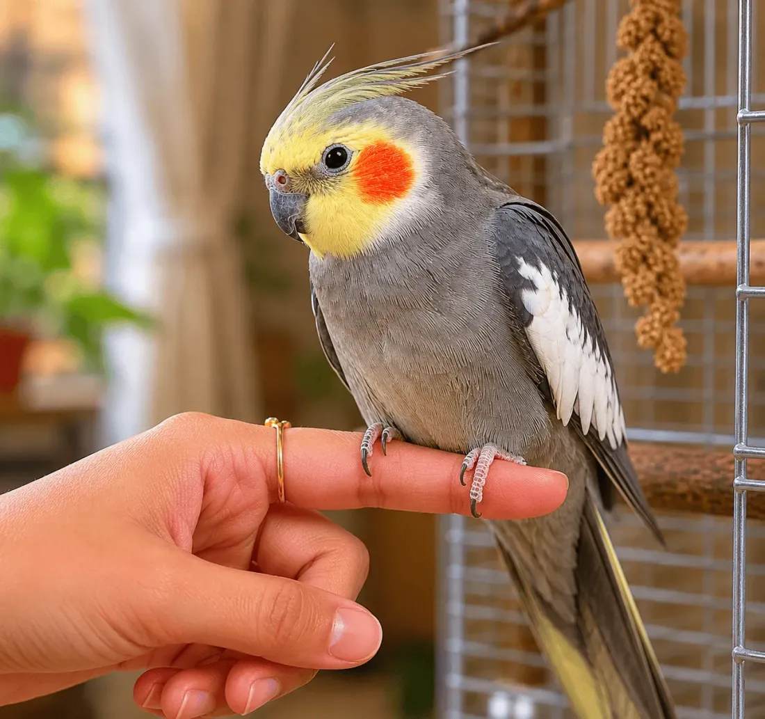 A hand offering a finger as a perch for a tame cockatiel to step onto
