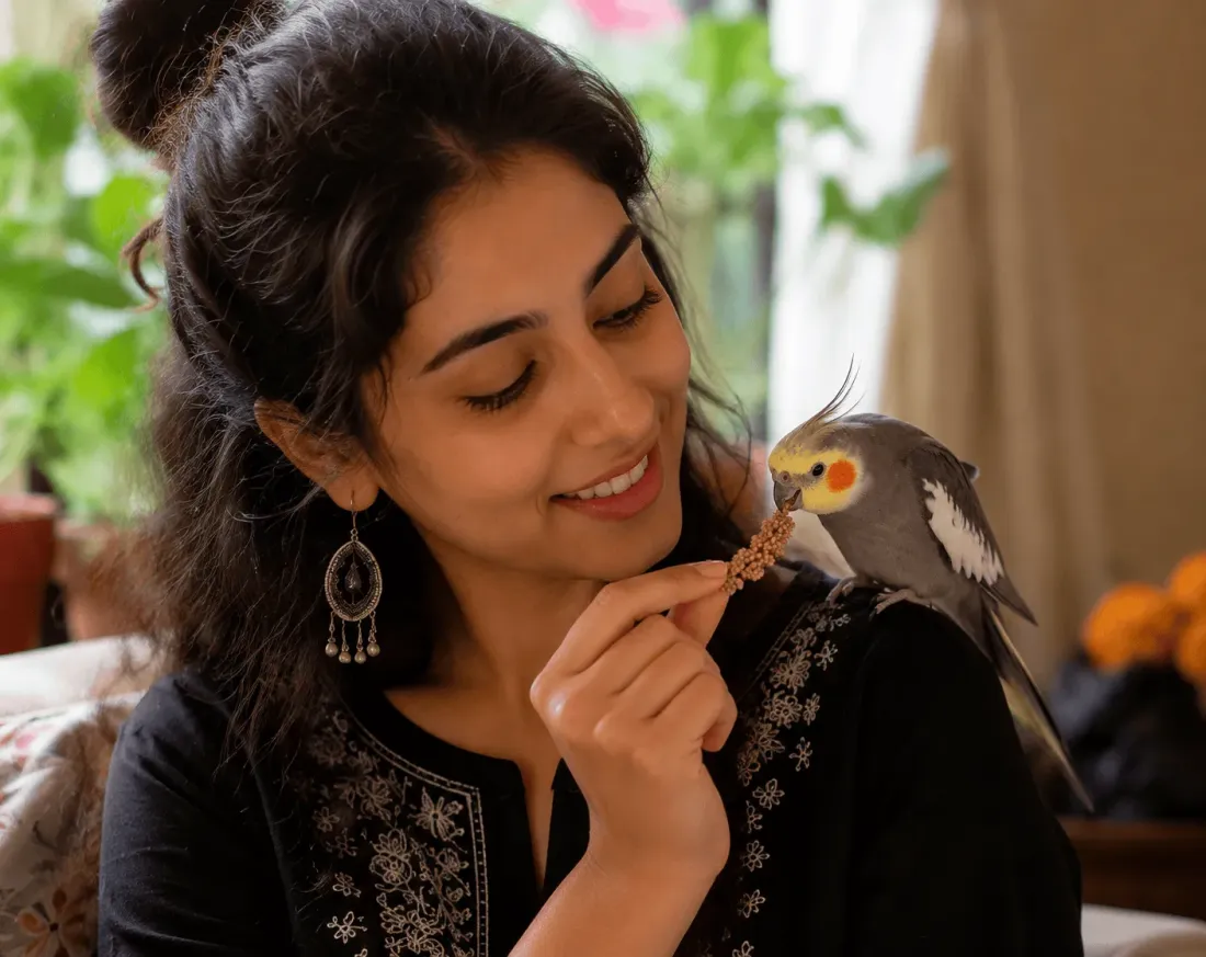 A cockatiel perched on a person's shoulder taking a treat from their fingers