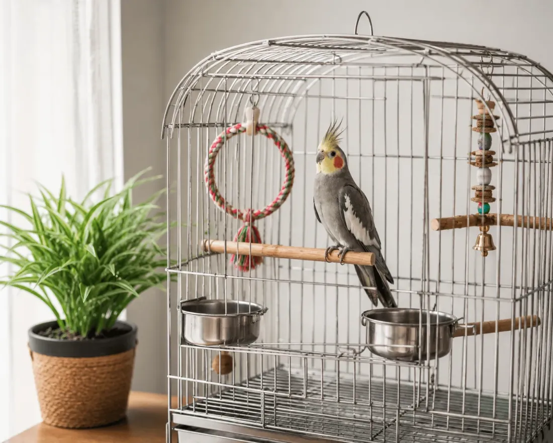 A spacious bird cage placed at eye level against a wall in a bright, airy living room