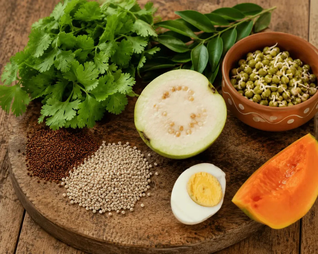 Fresh Indian kitchen ingredients safe for birds: coriander, curry leaves, sprouted moong, guava, millets and papaya