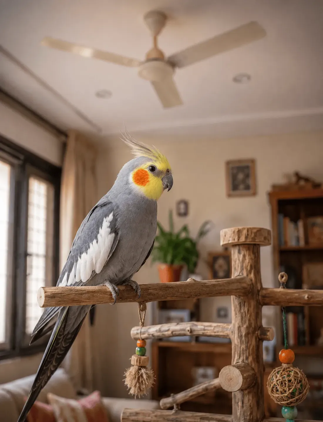 A relaxed cockatiel on a wooden play stand in a safe room with the ceiling fan off and windows closed
